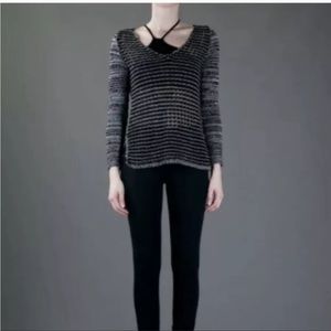 Helmut Lang Small Black White Open Knit Color block Sweater Linen V-neck Y11